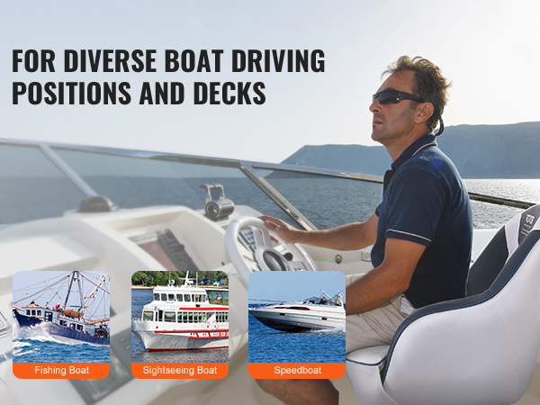 VEVOR captain bucket seat on a boat with text highlighting versatility for fishing boats, sightseeing boats, and speedboats.