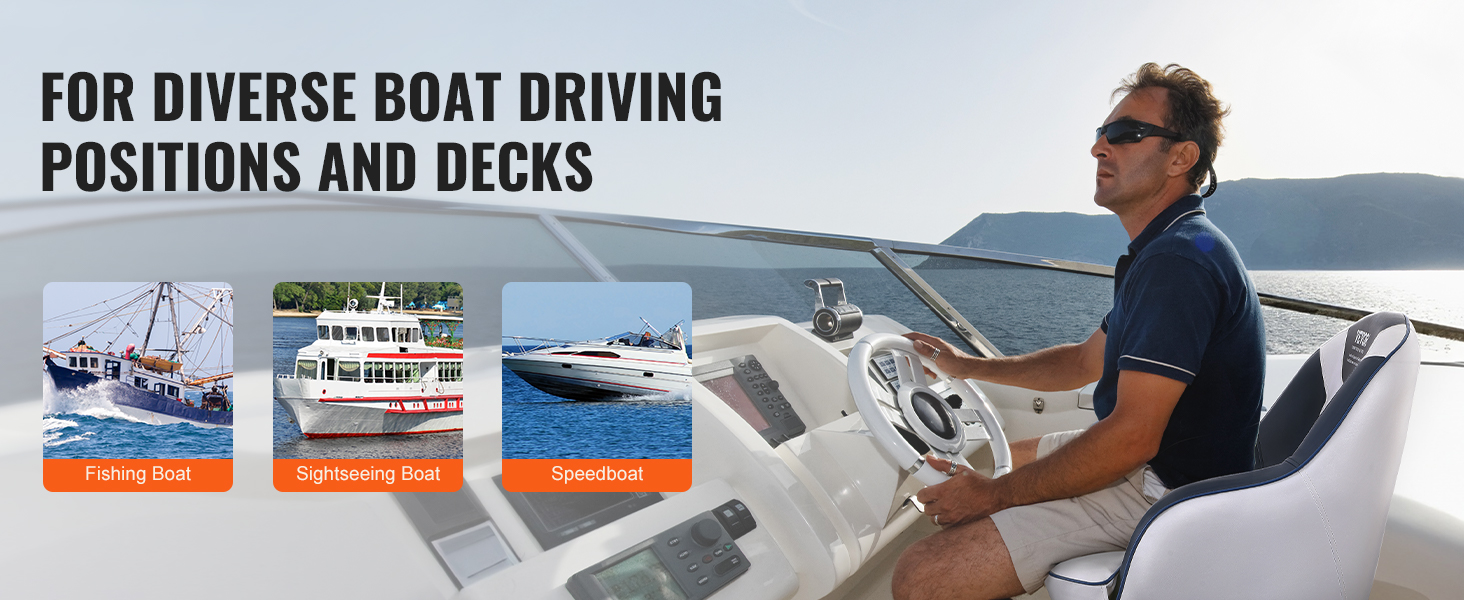 VEVOR captain bucket seat on a boat with text highlighting versatility for fishing boats, sightseeing boats, and speedboats.