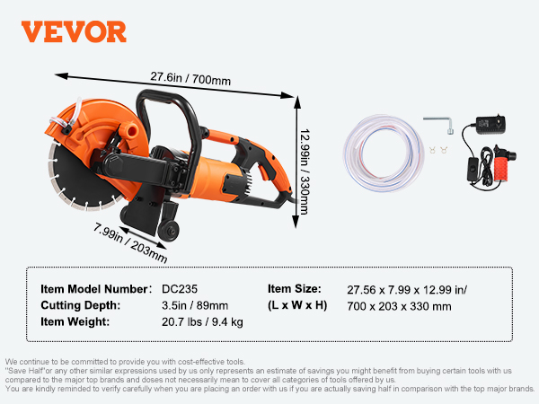 VEVOR concrete saw, model dc235 with cutting depth 3.5in, weight 20.7 lbs, and dimensions 27.56 x 7.99 x 12.99 in.