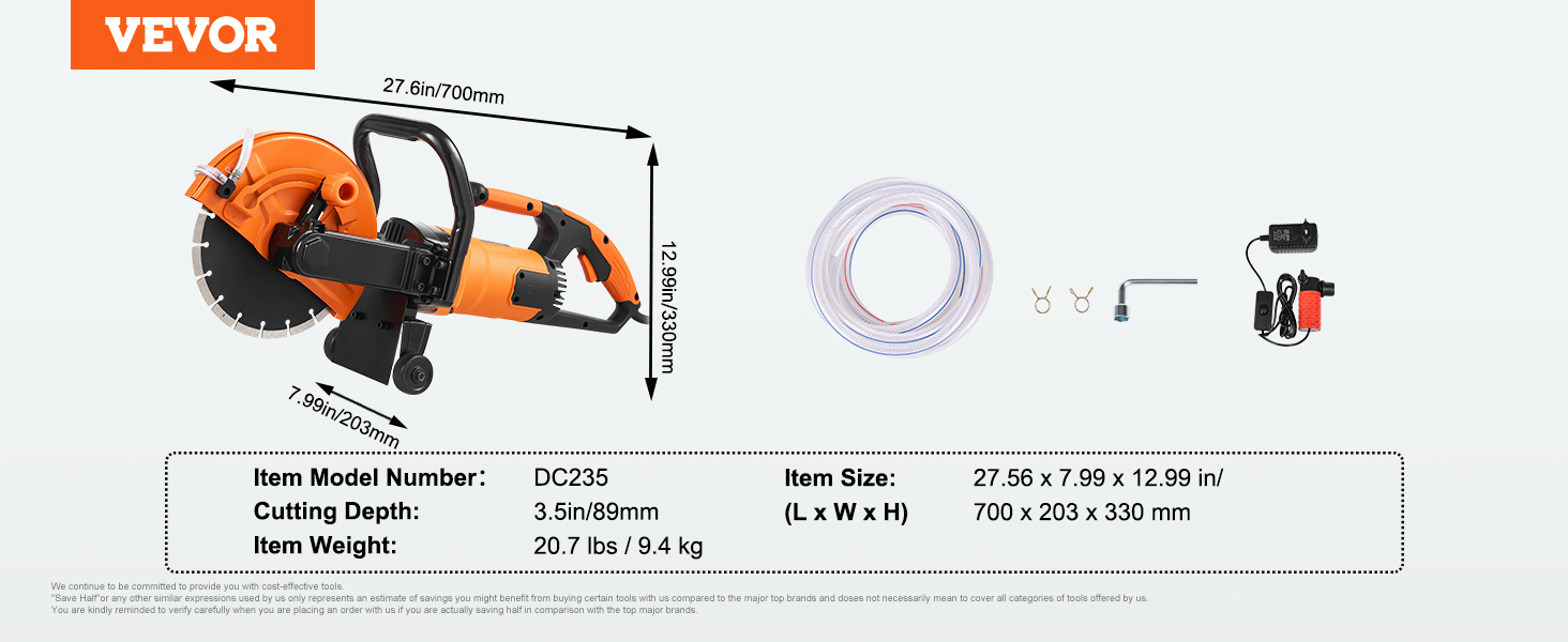 VEVOR concrete saw, model dc235 with cutting depth 3.5in, weight 20.7 lbs, and dimensions 27.56 x 7.99 x 12.99 in.