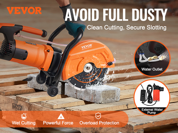 VEVOR concrete saw cutting through a block with water outlet and external water pump. wet cutting, powerful.