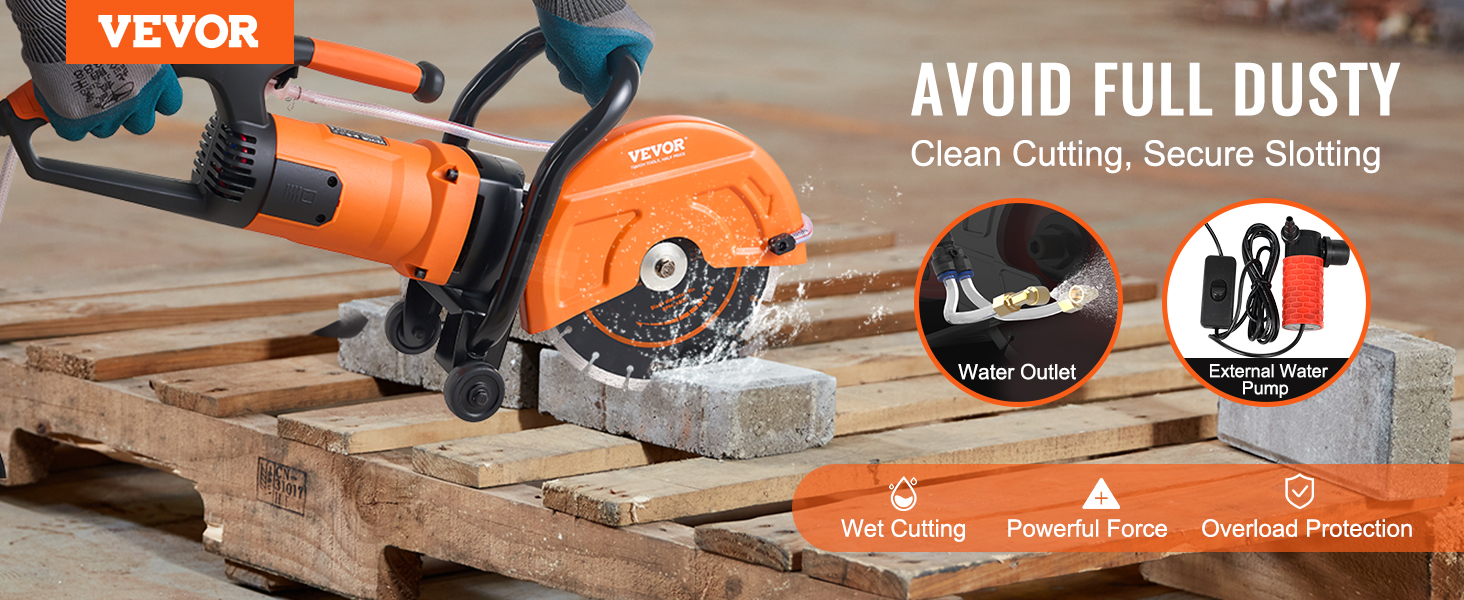 VEVOR concrete saw cutting through a block with water outlet and external water pump. wet cutting, powerful.