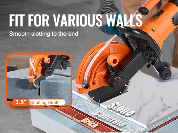 VEVOR concrete saw cutting stone, concrete, and brick walls with a 3.5" slotting depth. smooth operation.