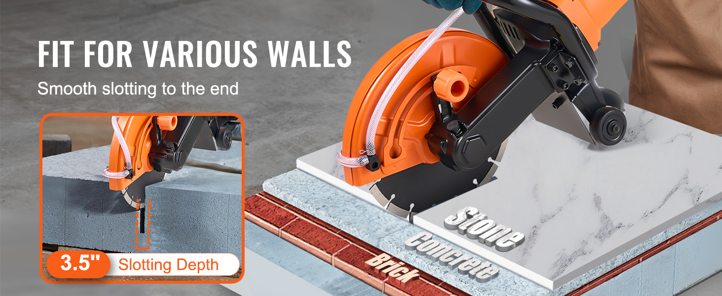 VEVOR concrete saw cutting stone, concrete, and brick walls with a 3.5" slotting depth. smooth operation.