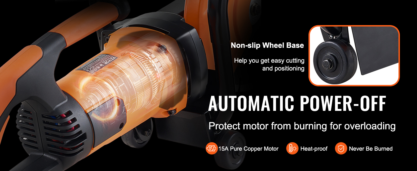 VEVOR concrete saw with non-slip wheel base and automatic power-off feature to protect motor.