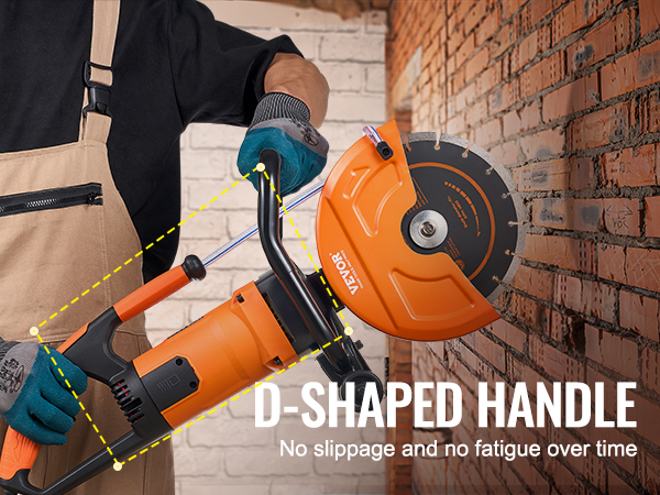 person using the VEVOR concrete saw with a d-shaped handle to cut a brick wall securely and comfortably.