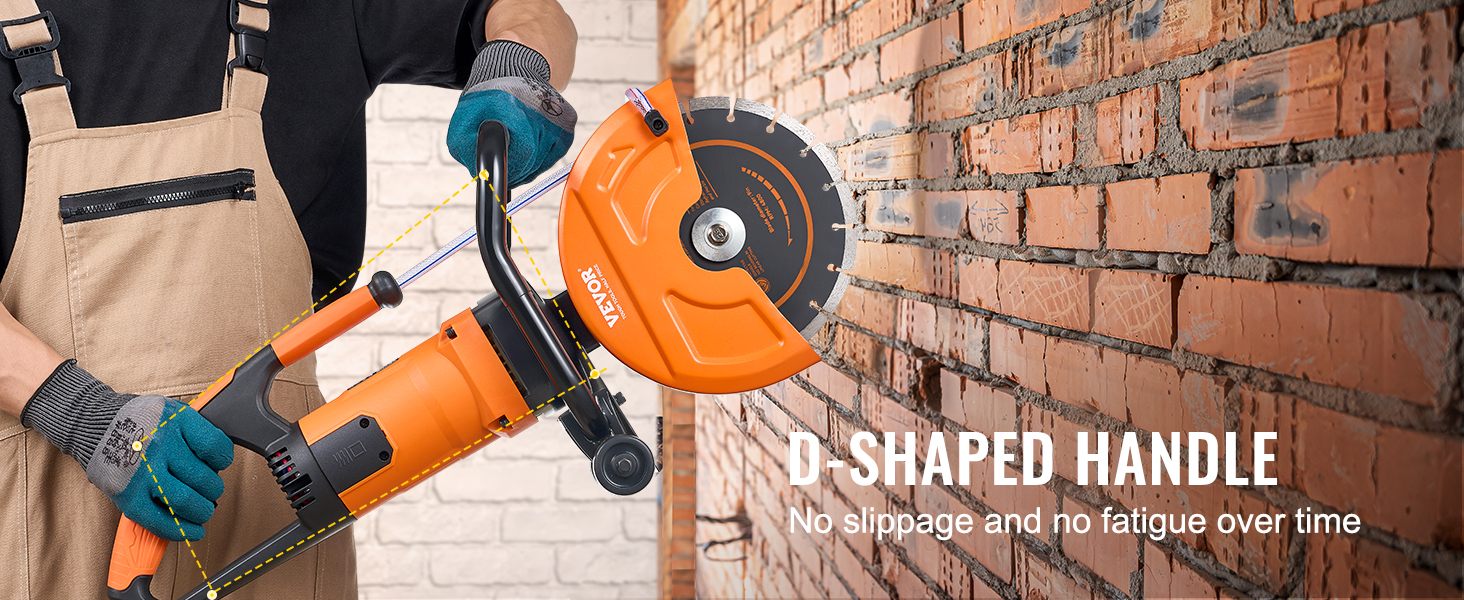 person using the VEVOR concrete saw with a d-shaped handle to cut a brick wall securely and comfortably.