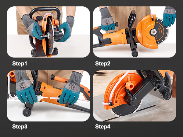 steps for installing and using VEVOR concrete saw with focus on blade setup and positioning.