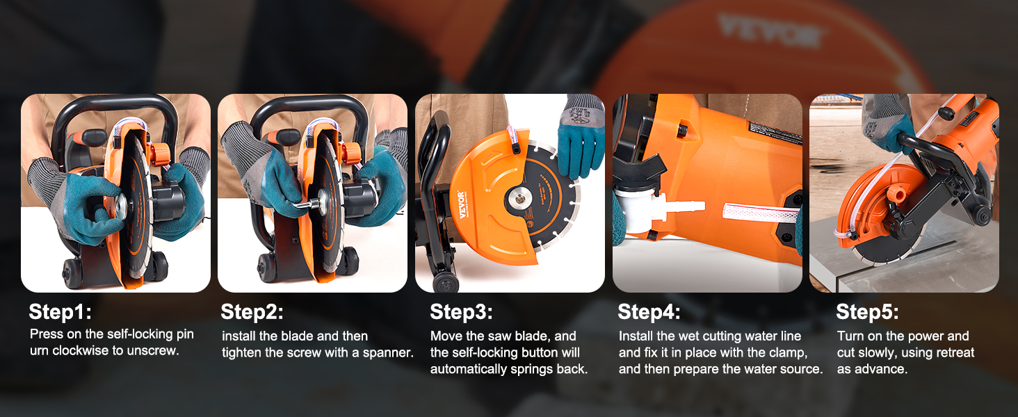 steps for installing and using VEVOR concrete saw with focus on blade setup and positioning.