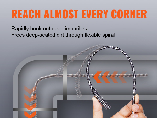 VEVOR 12v electric drain auger removing dirt from pipes with flexible spiral, reaching every corner.