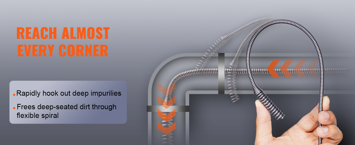 VEVOR 12v electric drain auger removing dirt from pipes with flexible spiral, reaching every corner.