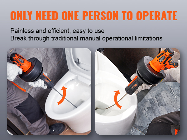 VEVOR 12v electric drain auger in use on a toilet by a person wearing gloves. simple, efficient operation.