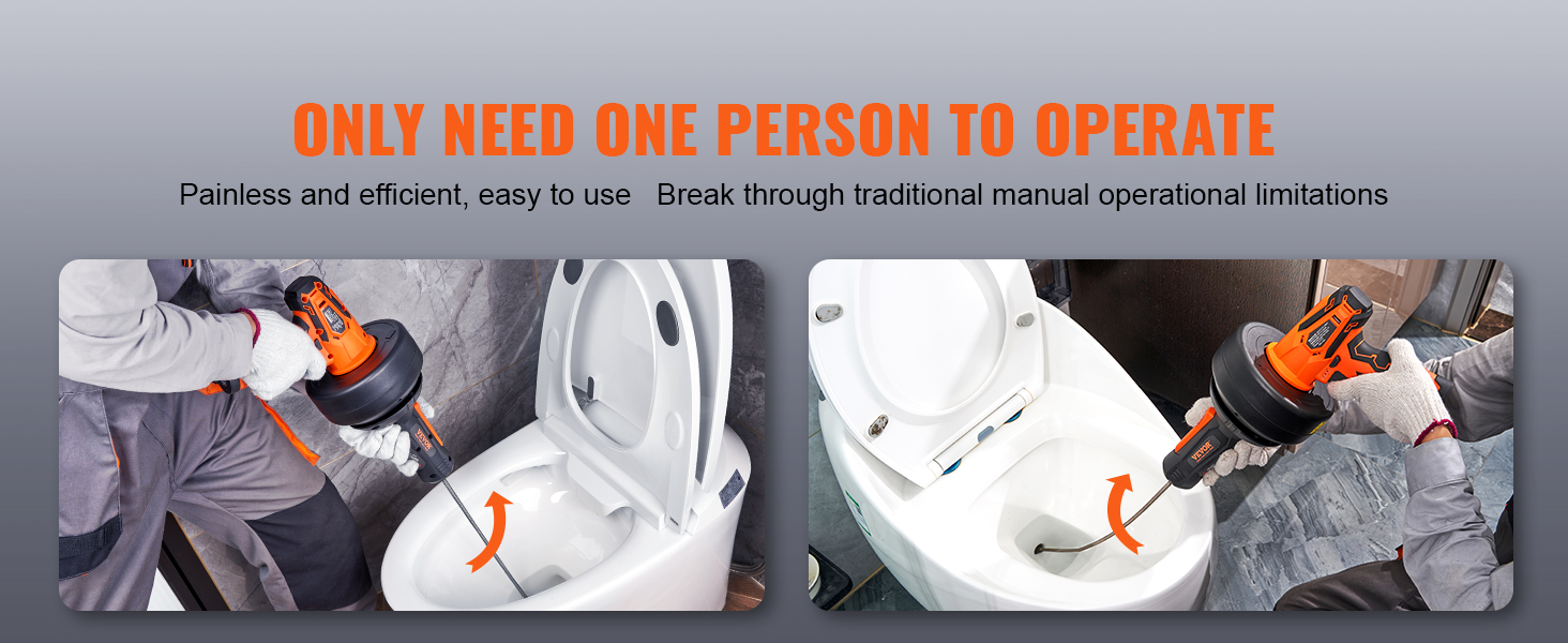 VEVOR 12v electric drain auger in use on a toilet by a person wearing gloves. simple, efficient operation.