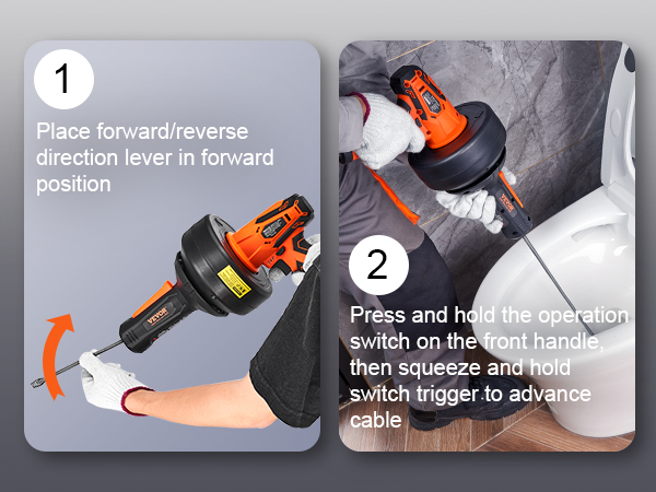 step-by-step guide for using the VEVOR 12v electric drain auger on a toilet.