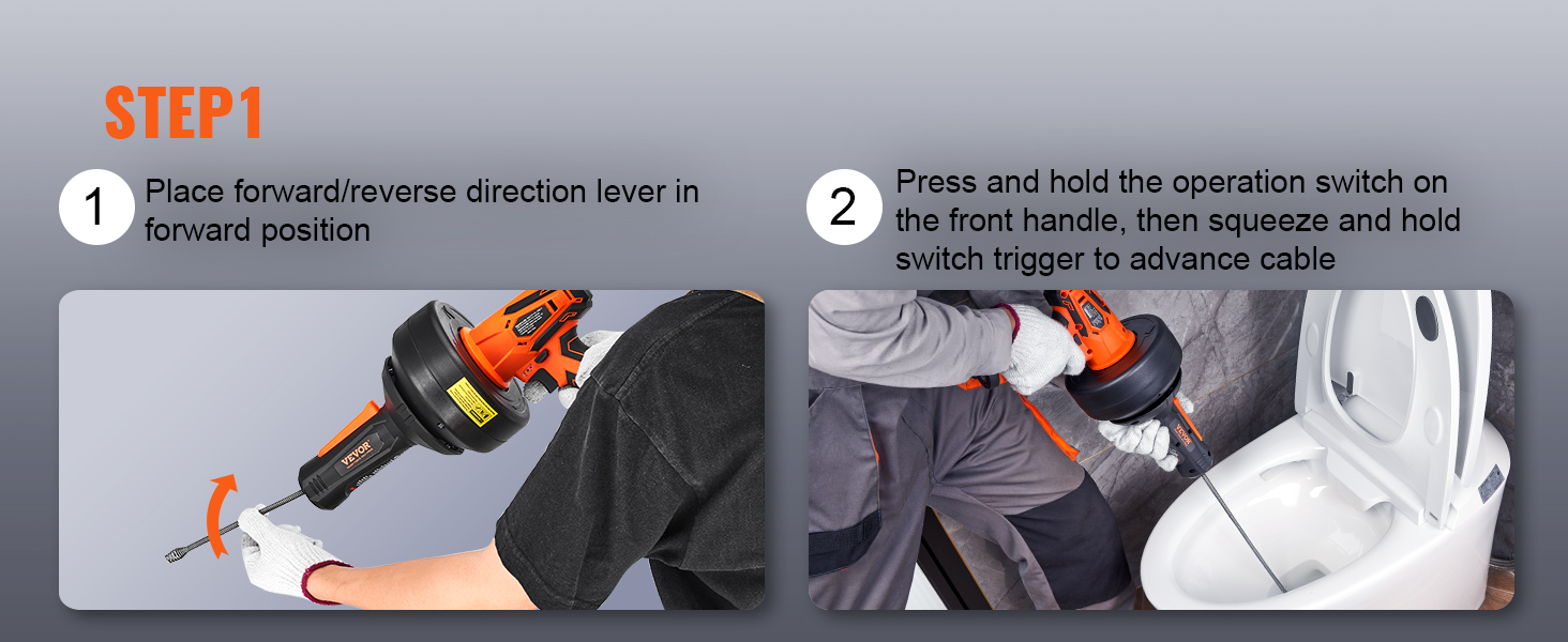 step-by-step guide for using the VEVOR 12v electric drain auger on a toilet.