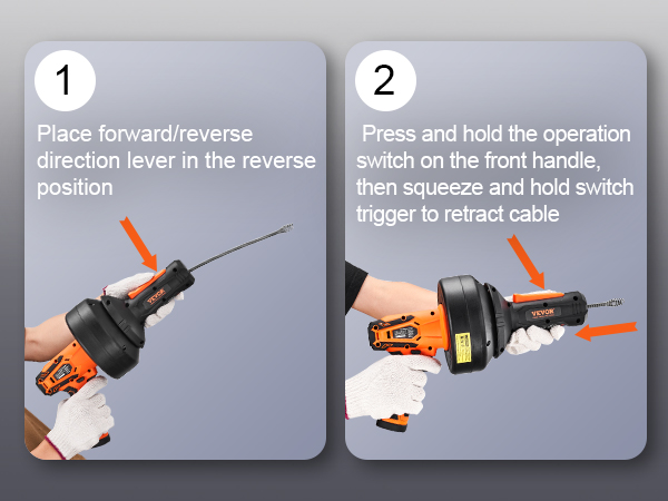 step2 instructions for VEVOR 12v electric drain auger: set lever to reverse and hold trigger to retract cable.