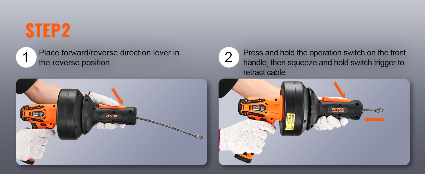 step2 instructions for VEVOR 12v electric drain auger: set lever to reverse and hold trigger to retract cable.