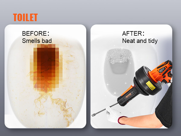toilet cleaning before and after using VEVOR 12v electric drain auger.