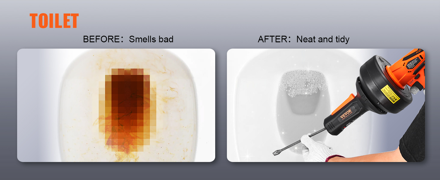 toilet cleaning before and after using VEVOR 12v electric drain auger.