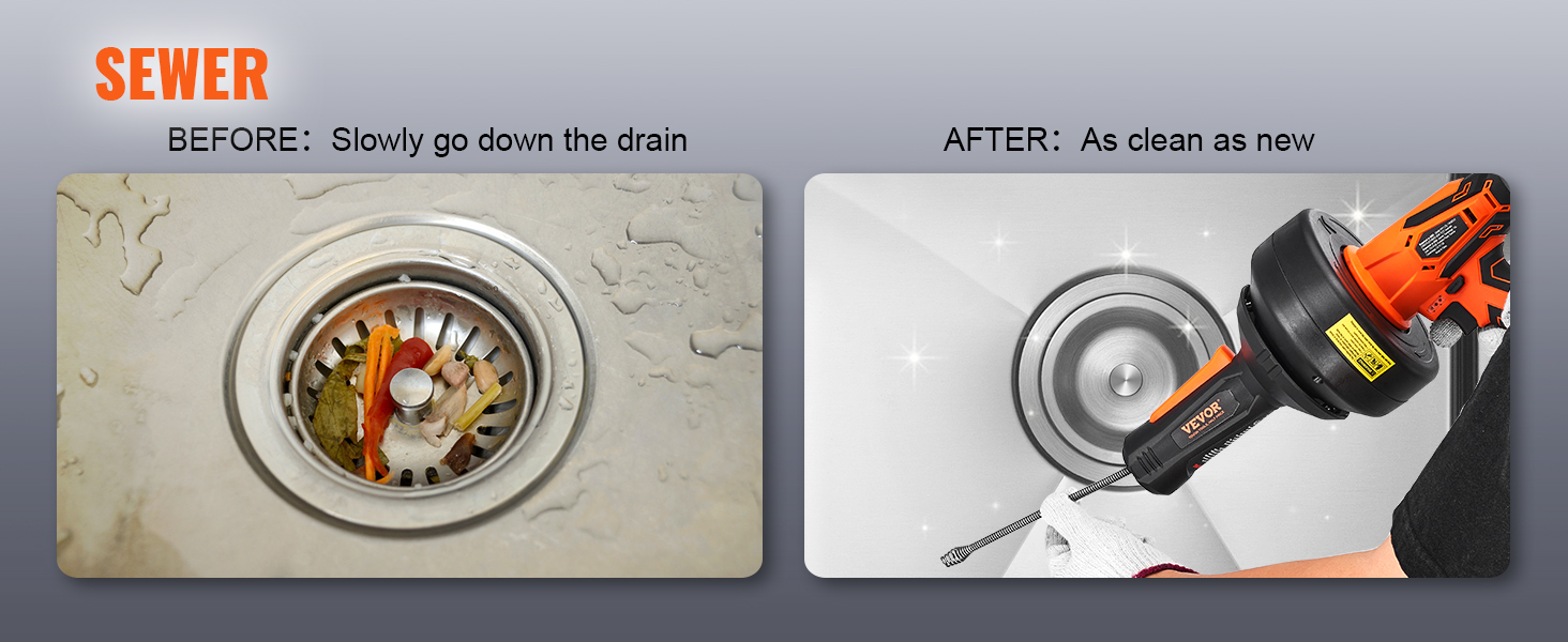 dirty sink with food debris on the left, clean sink on the right using VEVOR 12v electric drain auger.