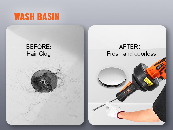 wash basin with hair clog before and clean after using VEVOR 12v electric drain auger.