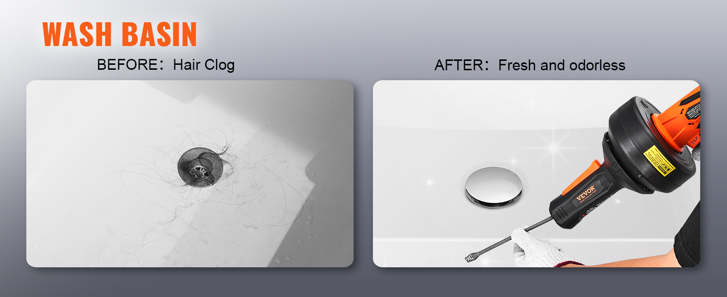 wash basin with hair clog before and clean after using VEVOR 12v electric drain auger.