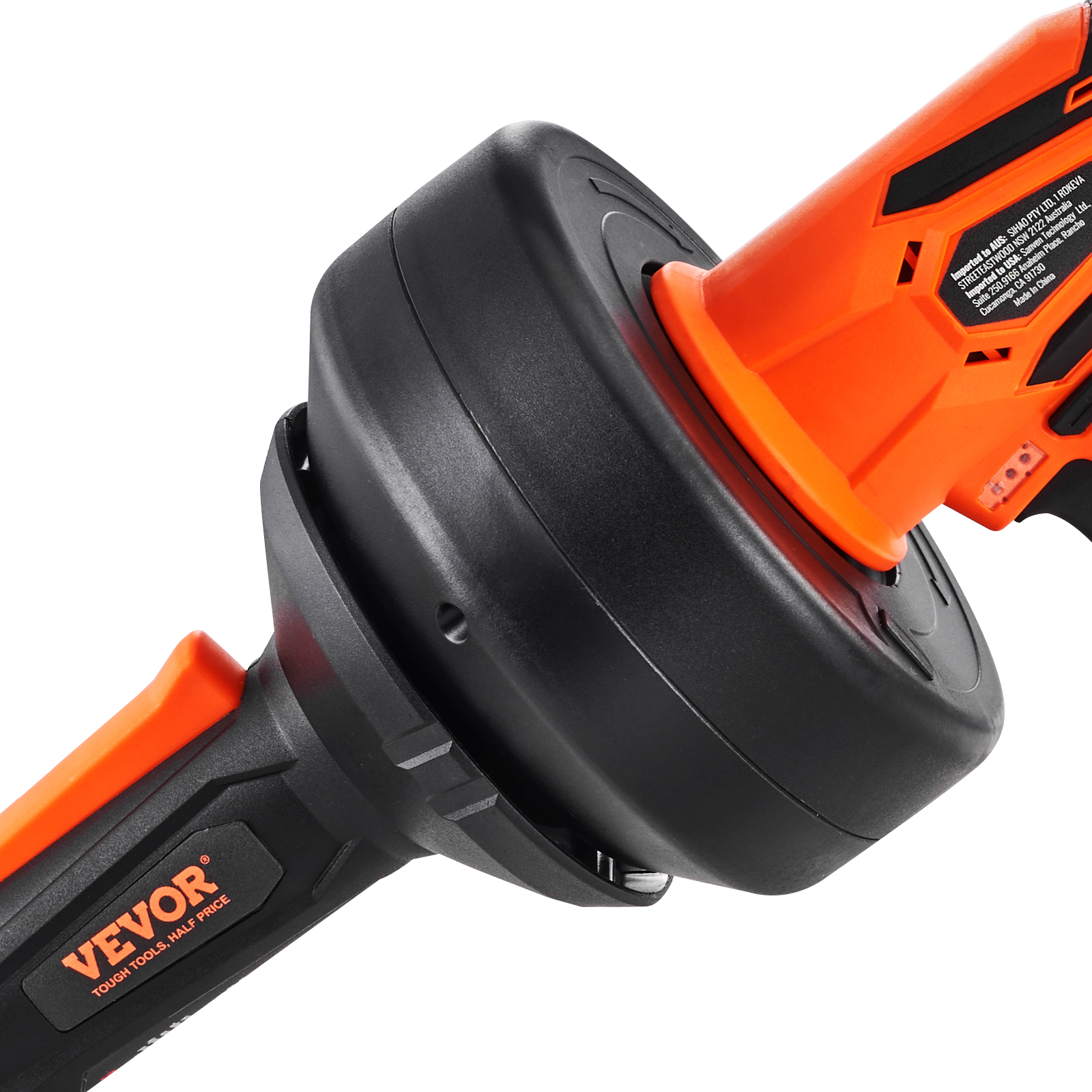 VEVOR 12 V elektriskais drenāžas urbjmašīna ar melnu un oranžu dizainu, roktura un motora tuvplāns.