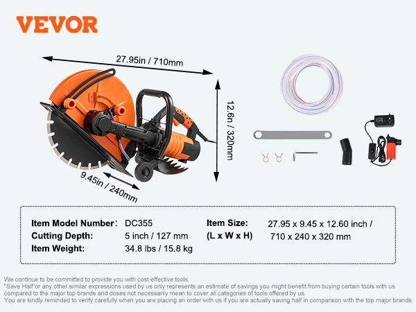 VEVOR concrete saw dc355, 5-inch cutting depth, 34.8 lbs, 27.95 x 9.45 x 12.60 inches, with accessories.