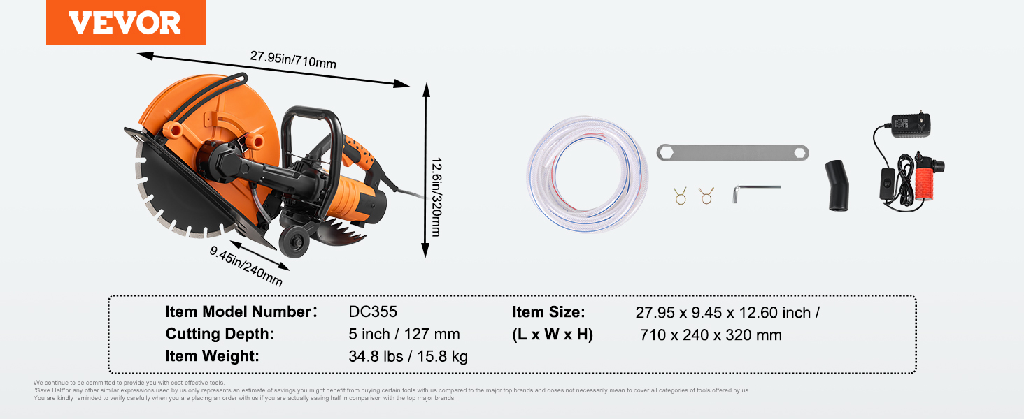 VEVOR concrete saw dc355, 5-inch cutting depth, 34.8 lbs, 27.95 x 9.45 x 12.60 inches, with accessories.