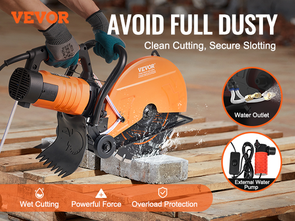 VEVOR concrete saw showcasing wet cutting features, powerful force, and overload protection on a wooden pallet.