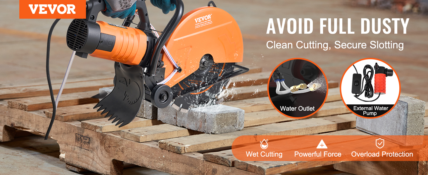 VEVOR concrete saw showcasing wet cutting features, powerful force, and overload protection on a wooden pallet.