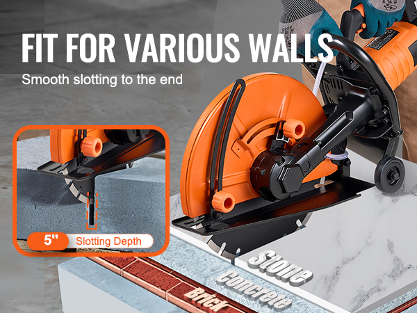 VEVOR concrete saw cutting through stone, concrete, and brick with 5" slotting depth for various walls.
