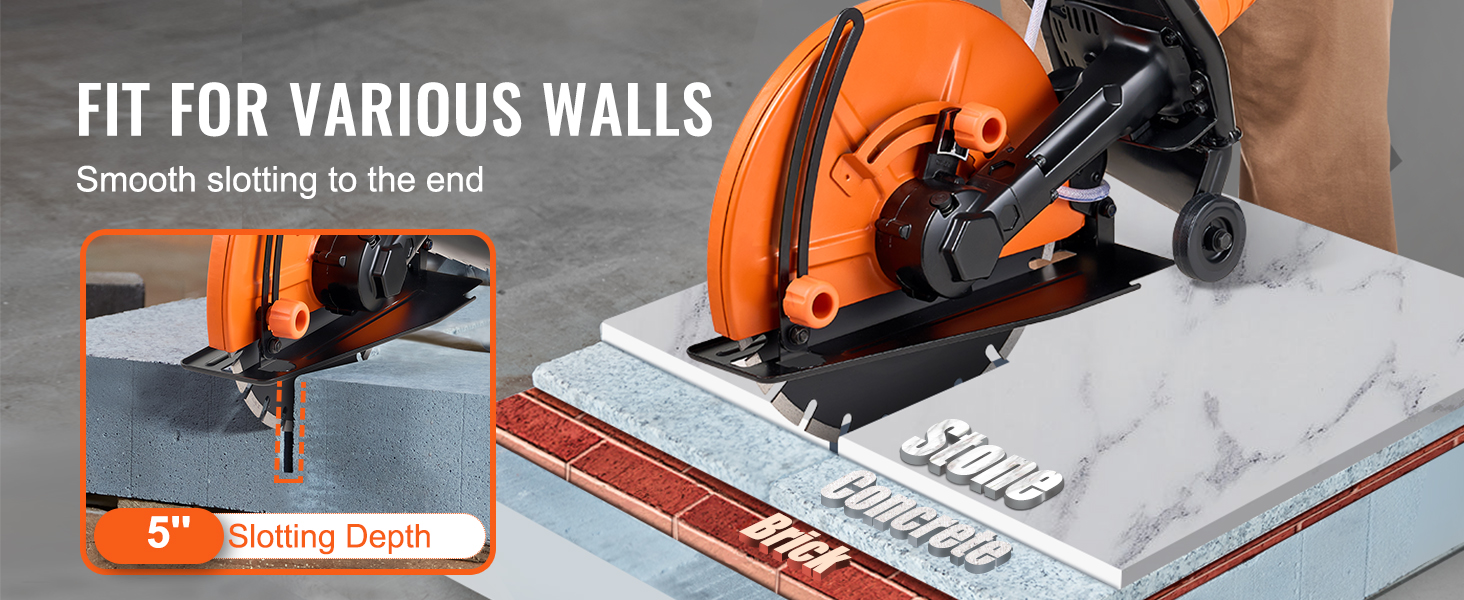 VEVOR concrete saw cutting through stone, concrete, and brick with 5" slotting depth for various walls.
