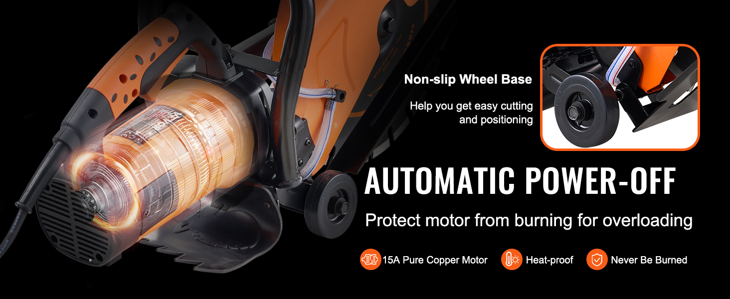 VEVOR concrete saw with non-slip wheel base, automatic power-off, and 15a pure copper motor.