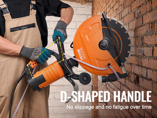 worker using VEVOR concrete saw with d-shaped handle for enhanced grip against a brick wall.