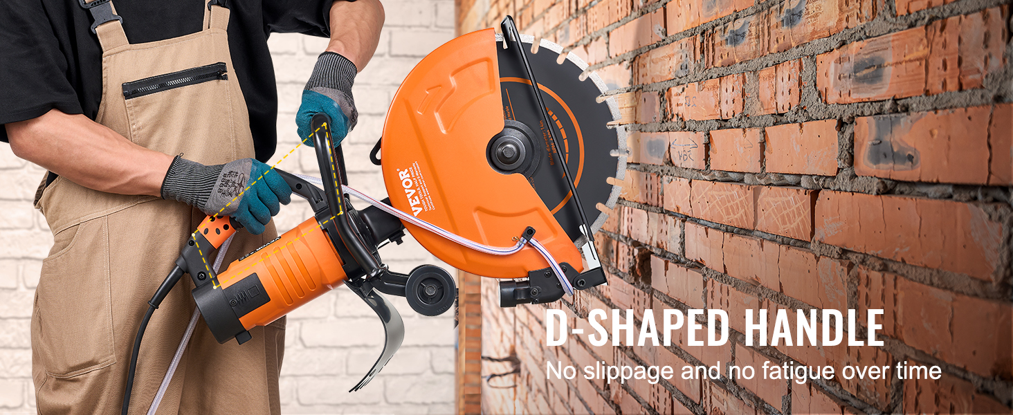 worker using VEVOR concrete saw with d-shaped handle for enhanced grip against a brick wall.