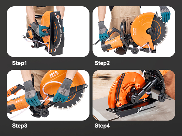 VEVOR concrete saw setup guide with 5 steps, showcasing orange saw, gloves, tools, and cutting procedure.