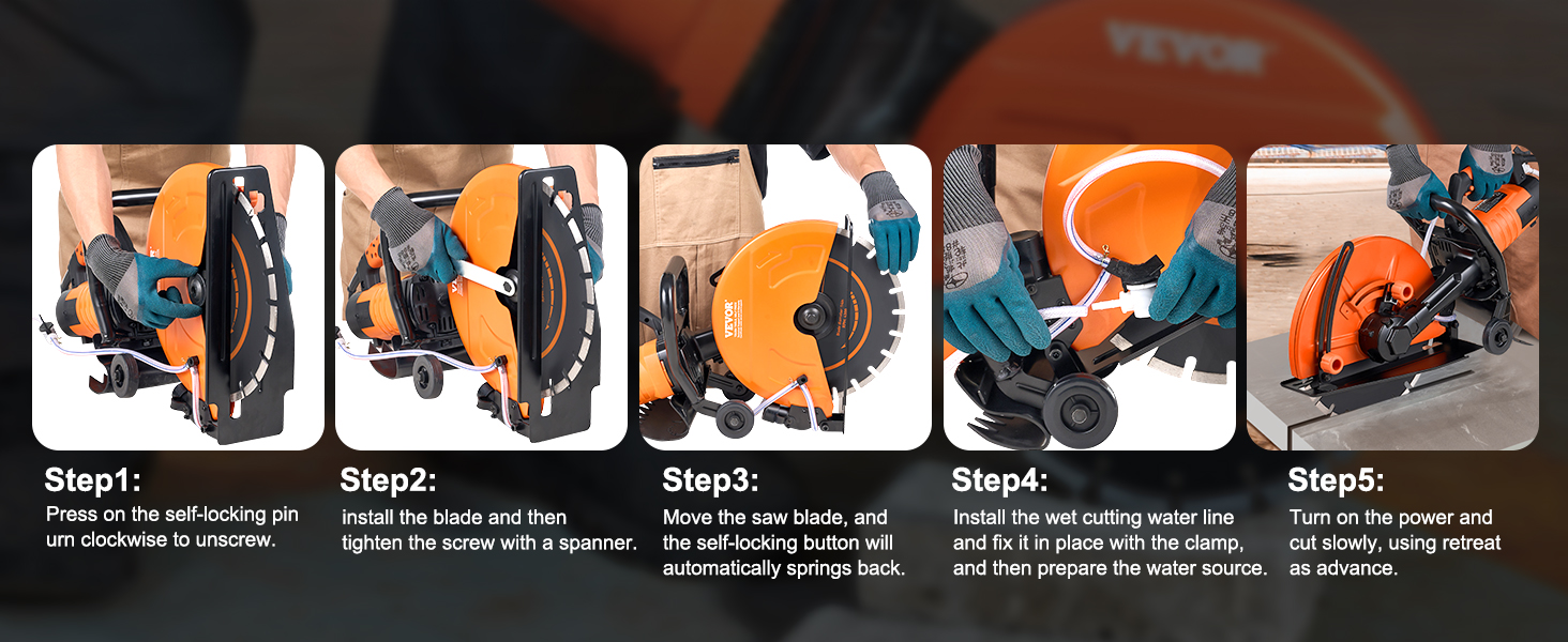 VEVOR concrete saw setup guide with 5 steps, showcasing orange saw, gloves, tools, and cutting procedure.