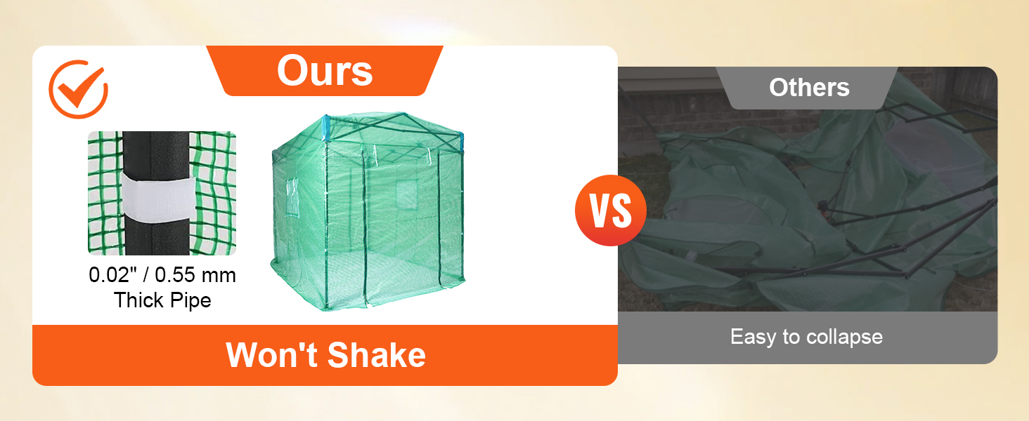 VEVOR pop up greenhouse vs competitors; our sturdy design with 0.55mm thick pipe won't shake.