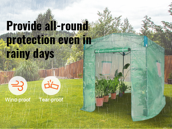 VEVOR pop up greenhouse providing all-round protection during rainy days in a lush backyard garden.