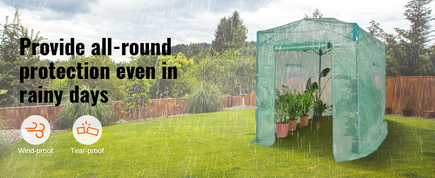 VEVOR pop up greenhouse providing all-round protection during rainy days in a lush backyard garden.