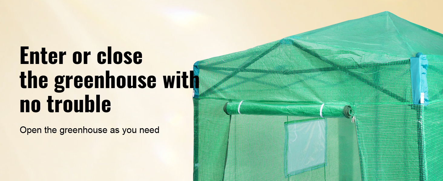 VEVOR pop up greenhouse with easy access door and roll-up window for ventilation.