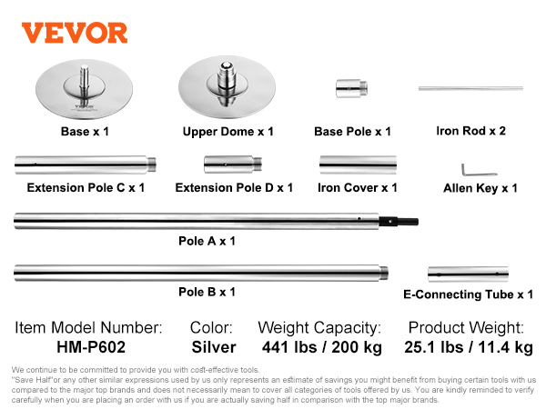 package contents of VEVOR professional dancing pole, including base, poles, extensions, and tools.