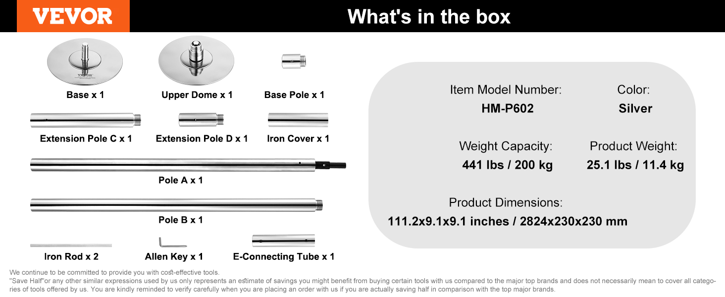 package contents of VEVOR professional dancing pole, including base, poles, extensions, and tools.