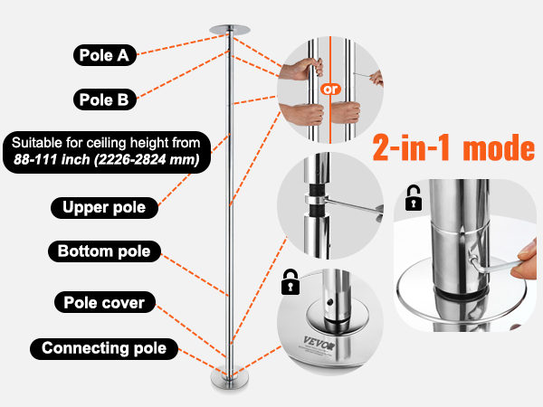 VEVOR professional dancing pole with adjustable height, rotating/static modes, and easy installation