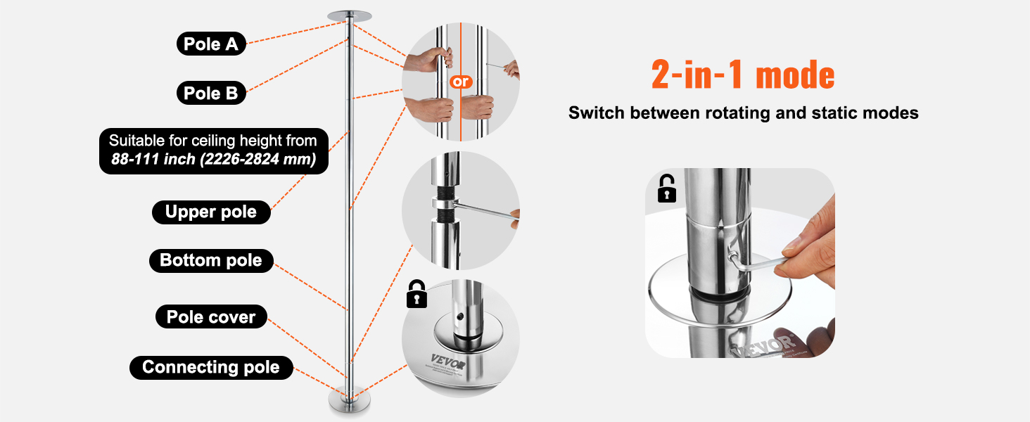 VEVOR professional dancing pole with adjustable height, rotating/static modes, and easy installation