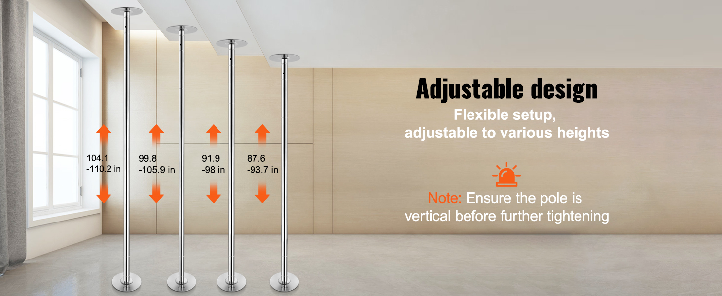 VEVOR professional dancing pole, adjustable design from 87.6 to 110.2 inches for flexible setup.