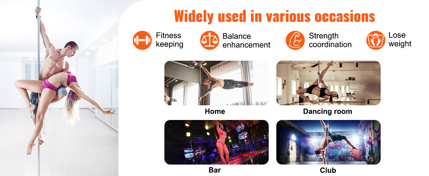 VEVOR professional dancing pole, versatile for fitness, balance, strength, and weight loss at home or clubs.