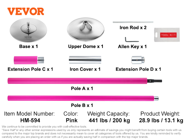 VEVOR professional dancing pole kit includes base, upper dome, extension poles, iron covers, and allen key.