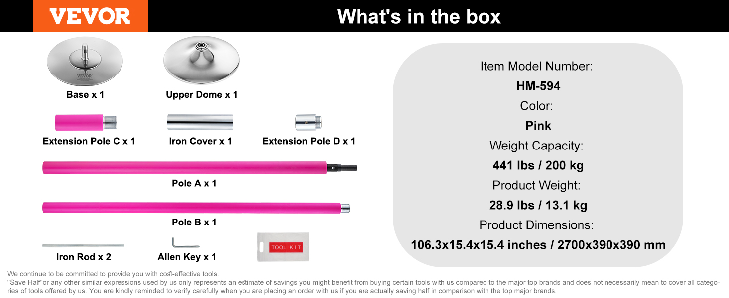 VEVOR professional dancing pole kit includes base, upper dome, extension poles, iron covers, and allen key.